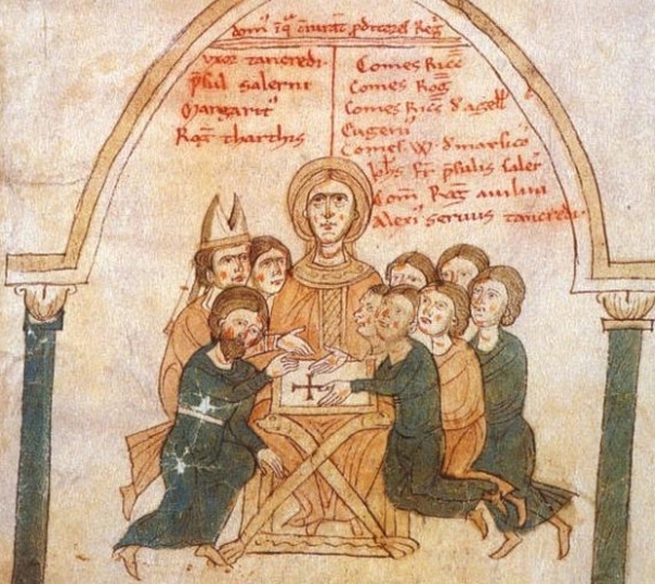 Miniatura di Pietro da Eboli: Margarito (il primo a sx) con Sibilla e i presunti cospiratori contro Enrico VI