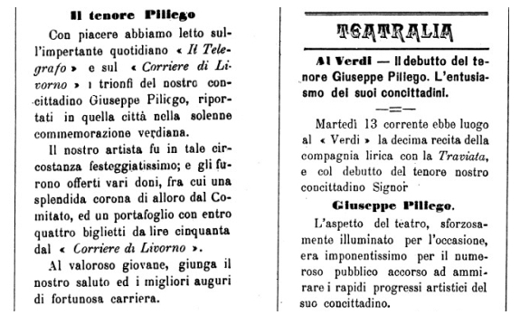 I trionfi di Piliego riportati su un settimanale brindisino del 1913 e a dx il debutto del tenore nel 1912