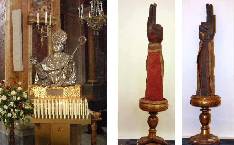 (sx) Cattedrale di San Leucio ad Atessa. Busto d'argento di san Leucio, realizzato da Nicola da Guardiagrele (da Wikipedia). (dx): Cattedrale di Brindisi. Reliquiario di san Leucio