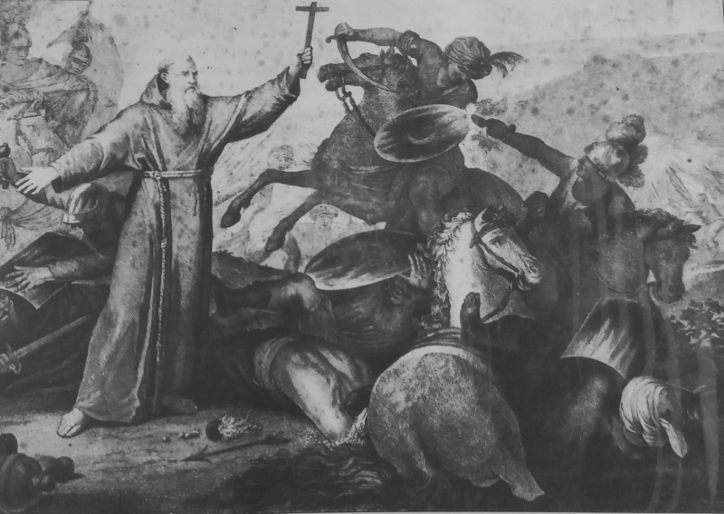 San Lorenzo durante la battaglia di Albareale, incisione di Alessandro Mochetti, Biblioteca Arcivescovile A. De Leo, Brindisi