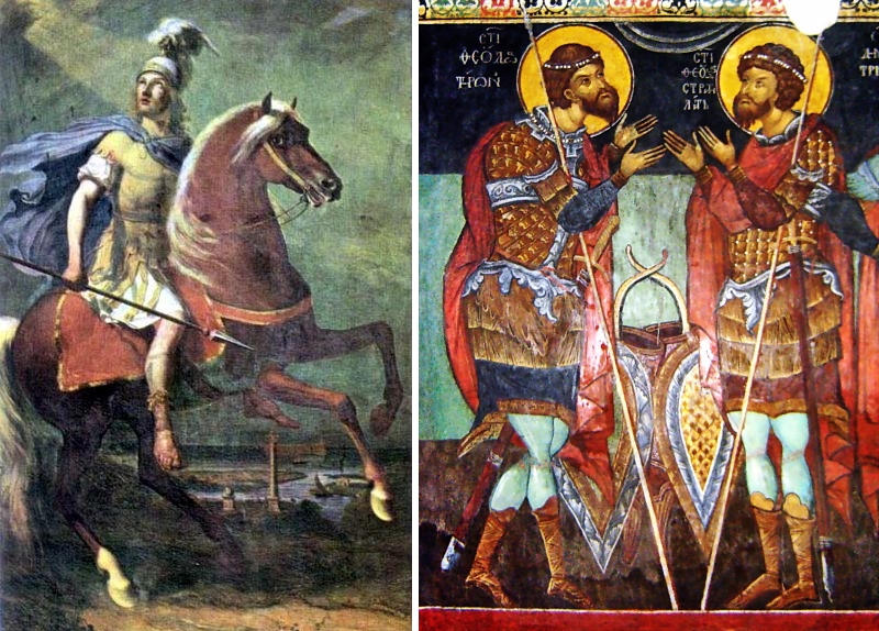 (sx) Duomo di Brindisi. Filippo Palizzi <em>San Teodoro a cavallo con veduta del porto di Brindisi</em> dipinto del 1840. (dx): Raffigurazione dei due san Teodoro