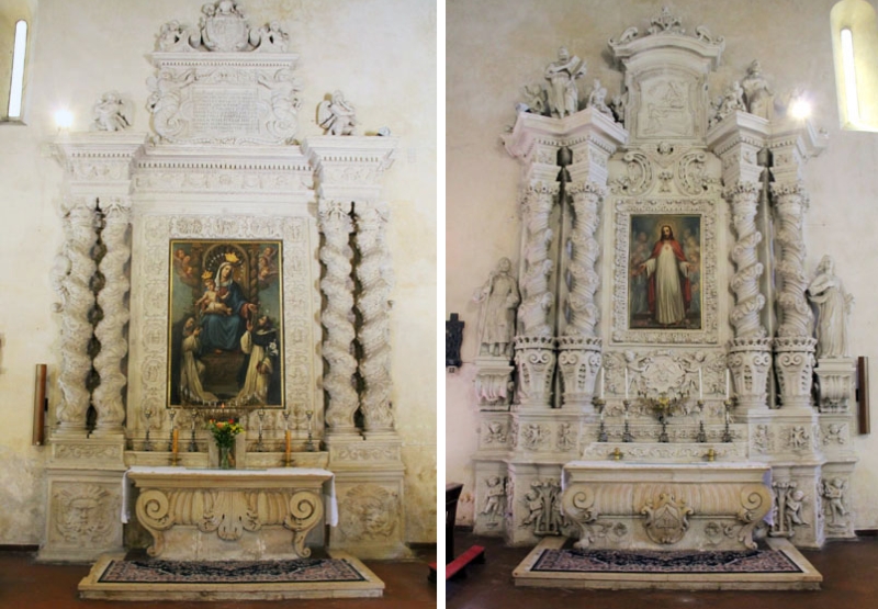 Brindisi. Chiesa del Cristo. a sx Altare del Sacro Cuore di Gesù, già di San Domenico, a dx Altare della Madonna del Rosario.