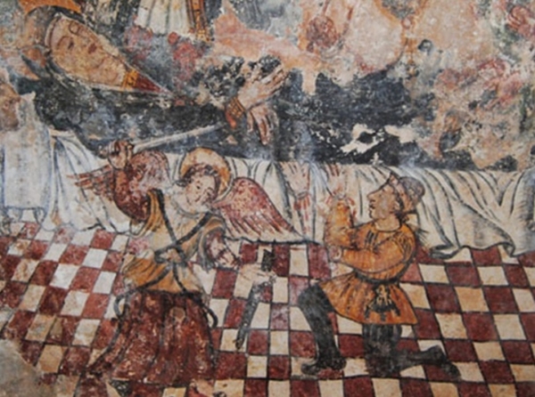 Tricase, cripta della Madonna del Gonfalone. Particolare della Dormitio Virginis (si nota il taglio delle mani all'ebreo Ruben ad opera dell'arcangelo Michele)