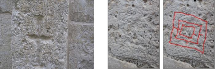 San Giovanni al Sepolcro. Esterno. (sx) Croce incisa - (dx) Simbolo della triplice cintura