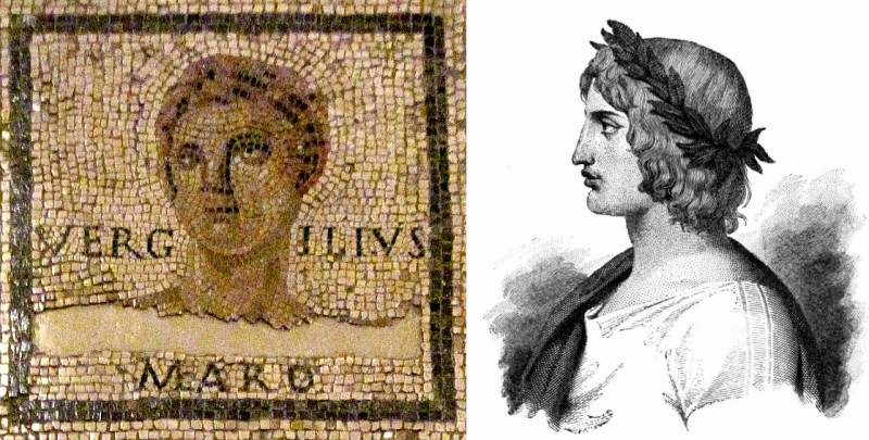 Publio Virgilio Marone. (sx) Mosaico con la rappresentazione del poeta risalente al III secolo d.C. (dx) Immagine giovanile del poeta Virgilio di profilo di autore ignoto (da Wikipedia)