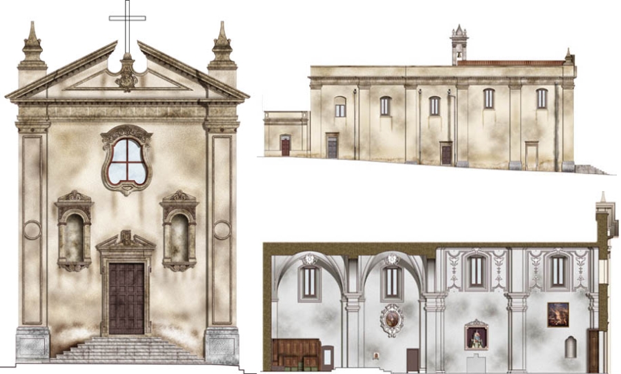Chiesa di San Sebastiano e delle Anime. Immagini dei prospetti e della sezione realizzate da Arch'è - Architetti Associati De Leonardis-Nigro-Nozzoli