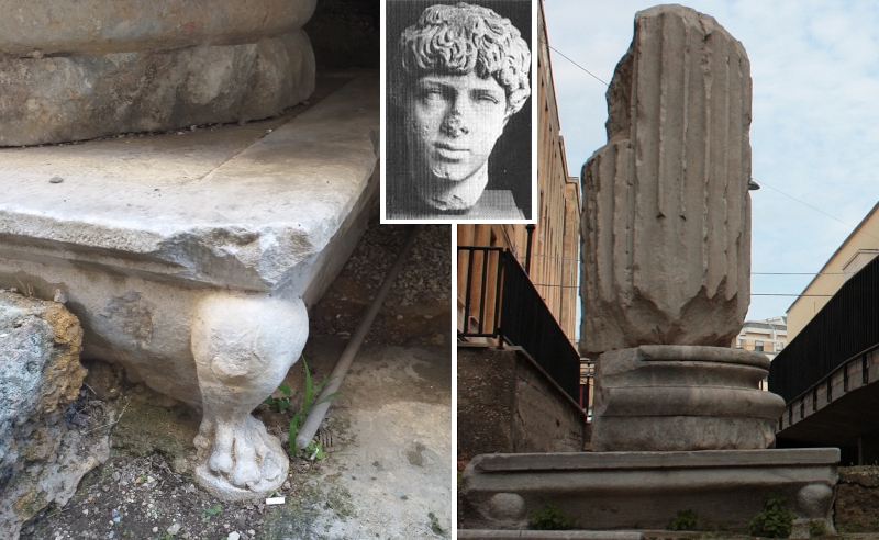Area archeologica di via Casimiro. sx: dettagli base delle colonne; dx: rocchio scanalato di colonna; al centro la testa in marmo di età antonina ritrovata