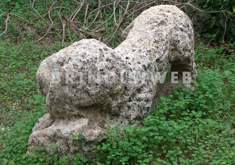 Brindisi. Masseria Mitrano. Il leone in tufo di epoca romana, lato posteriore