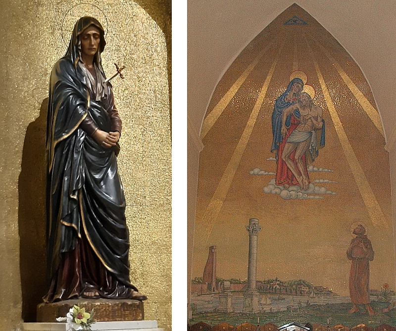 Brindisi. Chiesa della Pietà. sx: Statua lignea della Vergine Addolorata; dx: il mosaico sulla parete dell'abside <em>Pietà, San Francesco e Brindisi</em>