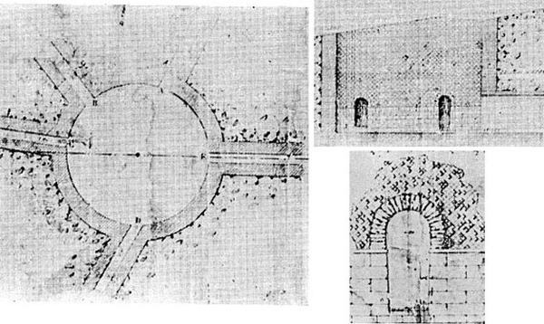 I rilievi del bacino di Pozzo di Vito redatti nel 1888. A sx la planimetria, a dx sopra la sezione e in basso la sezione di uno dei cunicoli o specus