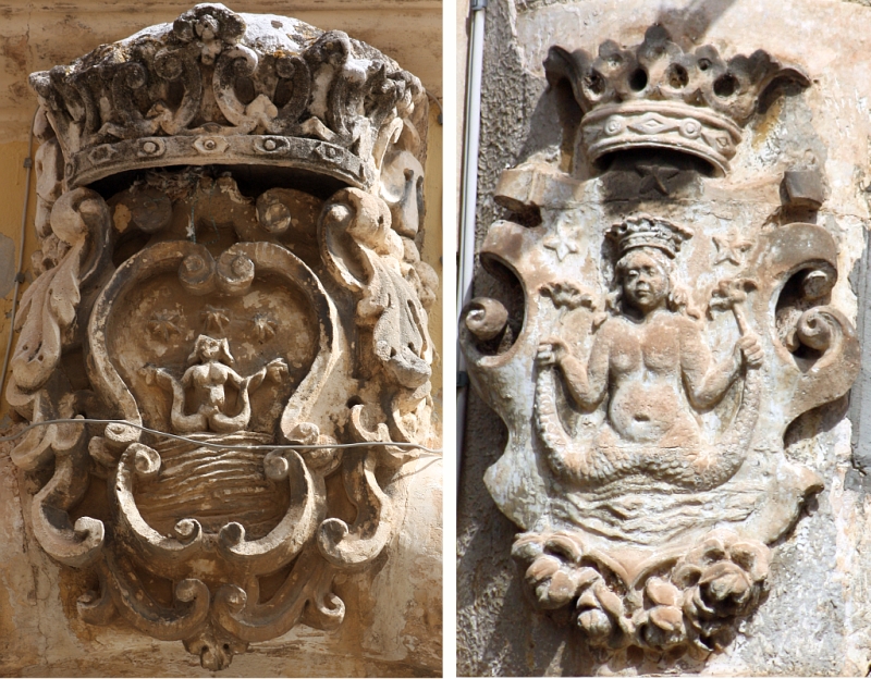 Stemma araldico della famiglia Laviano simboleggiato dalla sirena bicaudata: a sx quello di Palazzo Pennetta Laviano, a dx quello della dimora di via Indipendenza ang. via Trani