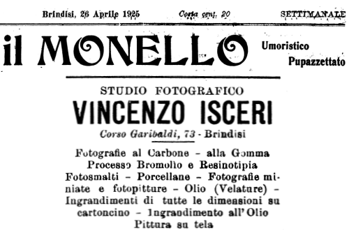 Pubblicità dello studio fotografico di Vincenzo Ascieri sul settimanale Il Monello del 1925
