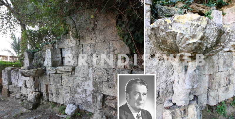 Brindisi. Fontana di Monsignore. A dx il particolare della vasca a conchiglia, al centro l'on. Mario Marino Guadalupi