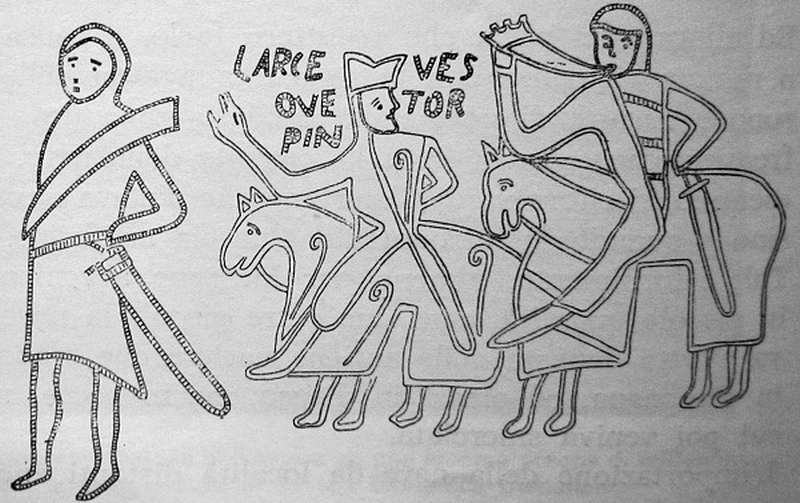 Disegno di Millin del 1813, il vescovo Turpino mentre seda il dissidio tra Orlando, che suona l'olifante, e Oliviero