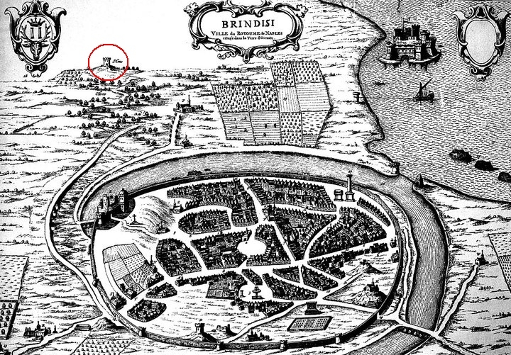 Litografia del 1704 di Pierre Mortier, riferita al Blaeu. In alto, cerchiata, la torre del Plema