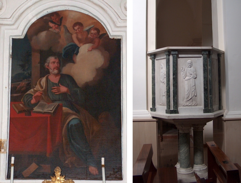 Cellino San Marco. Chiesa Matrice. Interno. sx: tela di Giovanni Scatigno, <em>San Marco</em>; dx: pulpito