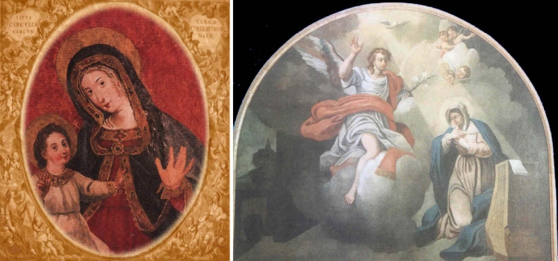 Mesagne. Santuario di Mater Domini. sx: icona della Vergine Mater Domini; dx: l'Annunciazione