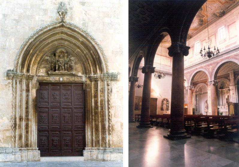 Ostuni. La Concattedrale, sx: portale maggiore; dx: interno