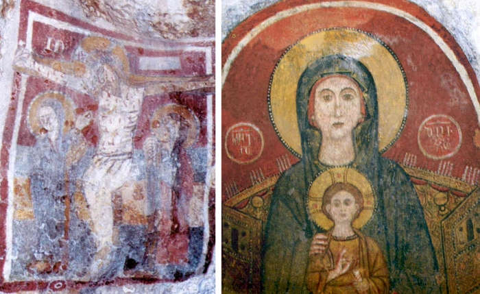 Ostuni. Chiesa Madonna della Nova. sx: la <em>Crocifissione</em>; dx: la <em>Nikopeia</em>