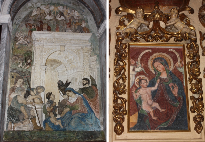 Torre S. Susanna. Chiesa di Santa Maria di Galaso. sx: la Natività del 1585; dx: l’affresco della Madonna con il Bambino del X secolo