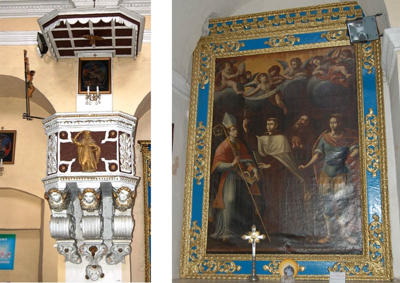 Carovigno. Chiesa del Carmine. Pulpito e tela di <em>San Giovanni della Croce tra Sant'Andrea Corsini e san Vito martire</em>