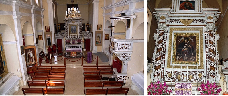 Carovigno. Chiesa del Carmine. Interno e alter maggiore con tela della <em>Vergine del Carmelo</em>