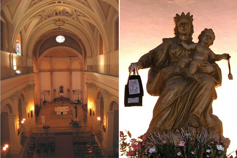 Ostuni. Chiesa di Santa Maria Vergine del Monte Carmelo. sx: interno; dx: Statua Madonna del Carmine