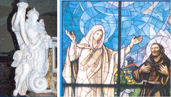 Ostuni. Chiesa di San Francesco. sx: Altar Maggiore. <em>Angelo reggifiaccola. L'Estasi</em>; dx: Gaetano Valerio. <em>Maria e Francesco</em>. (vetrata)