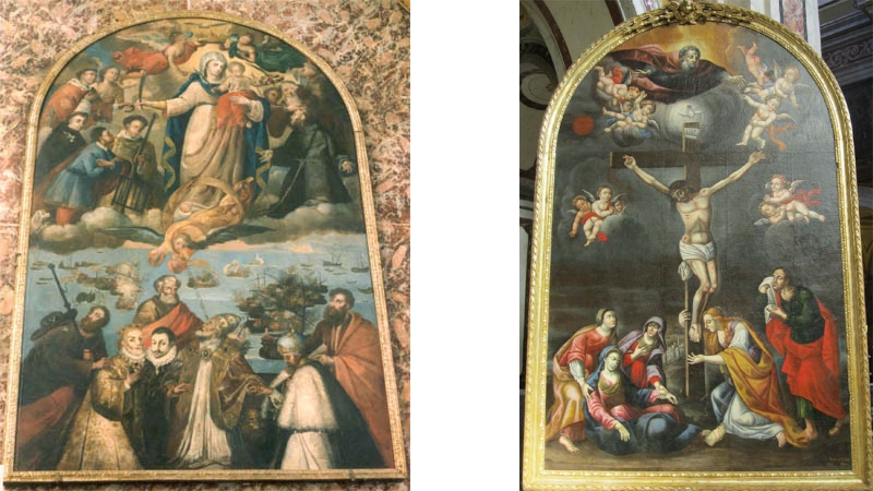 San Vito dei Nor.nni. Chiesa Matrice: sx: Scuola veneta. <em>Santa Maria della Vittoria</em>. Olio su tela. XVI secolo; dx: la <em>Crocefissione</em>