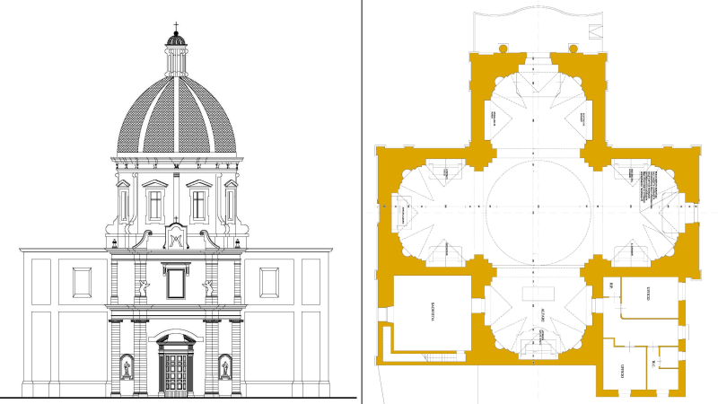 Mesagne. Santuario di Mater Domini. Prospetto e pianta della chiesa