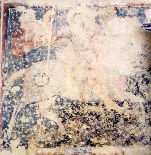 Tempio di San Giovanni al Sepolcro. Affresco di San Giorgio a cavallo mentre trafigge il drago