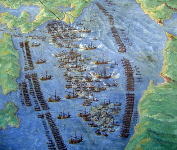 La battaglia di Lepanto rappresentata da Fernando Bertelli (1572). Museo Storico Navale