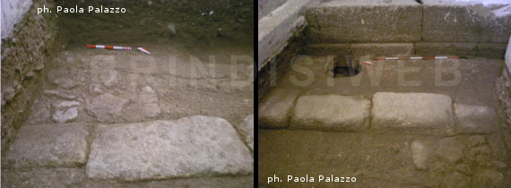 Asse stradale (cardine) e crepidine ritrovati nel saggio di scavo in via Lauro