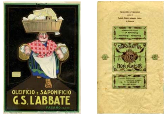 (sx) Manifesto di Mauzan per l’«Oleificio e Saponificio G. S. L’Abbate» (III.16, post 1923) - (dx) Incarto della ‘Saponetta Mon Plaisir’ del saponificio ‘G. S. L’Abbate’ (III.12, ante 1909)