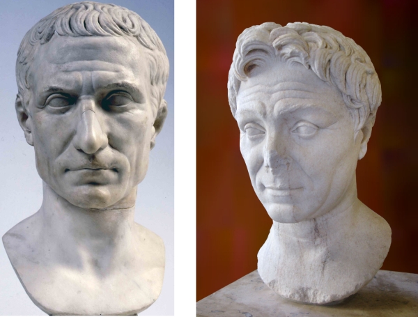 sx: Busto di Cesare appartenente alla collezione Chiaramonti, esposto nei Musei Vaticani; dx: Testa di Pompeo in marmo conservata nel Museo del Louvre - da Wikipedia