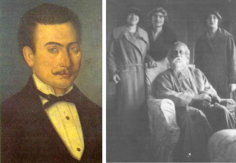 (sx) Dipinto a olio di Engelberto Dionisi (archivio famigliare), (dx) le sorelle Dionisi con il poeta indiano Tagore nel 1925