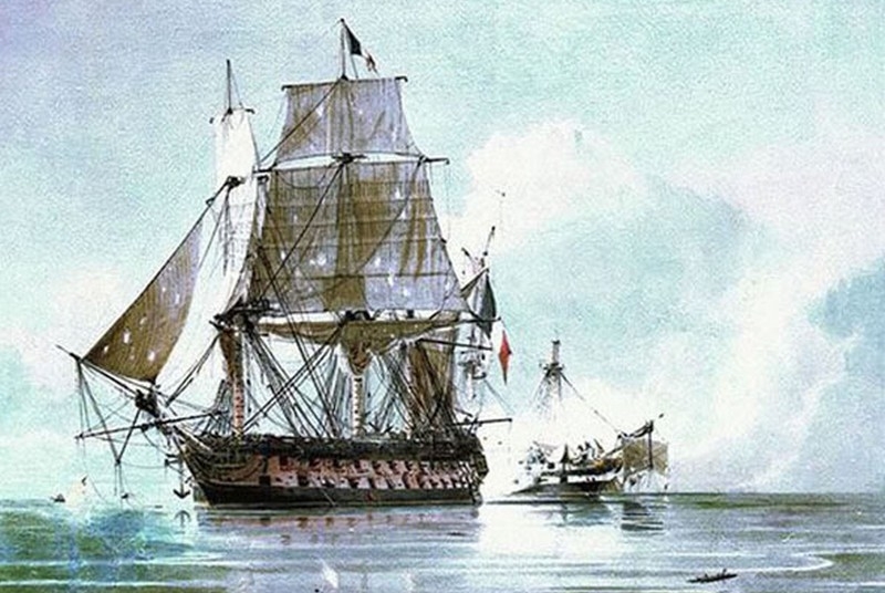 Il vascello francese Generoso in un dipinto in un dipinto di C. H. Seaforth e Charles Hullmandel