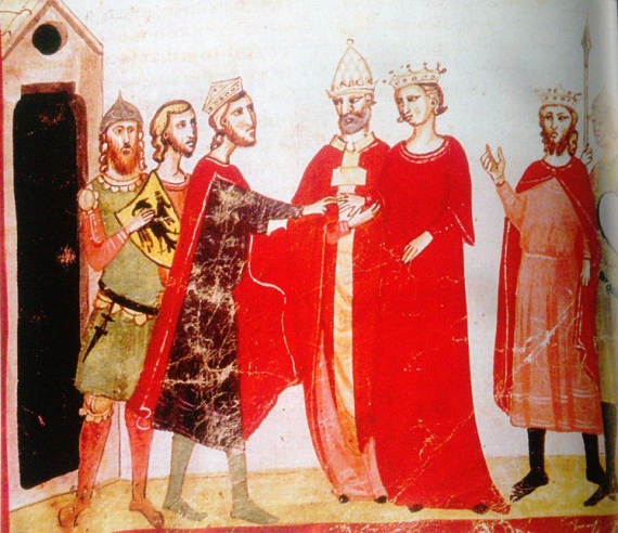 Papa Onorio III unisce in matrimonio Federico II e Jolanda di Brienne, miniatura del XIV secolo dalla Nova Cronica di Giovanni Villani