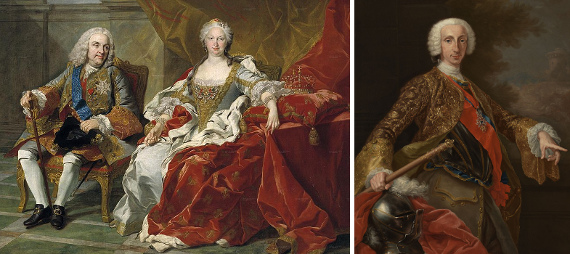 Filippo V ed Elisabetta in un ritratto di Louis-Michel van Loo (1739), a dx Carlo III in un ritratto di Giuseppe Bonito