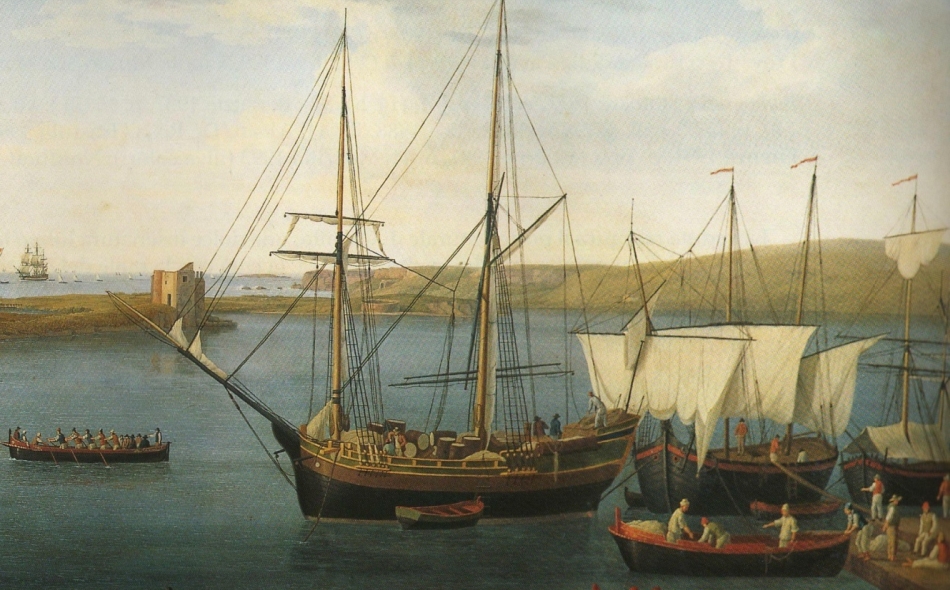 Jacob Philipp Hackert. Baja e Porto di Brindisi. 1789. Particolare dell'unica nave di medio tonnellaggio presente nel porto interno