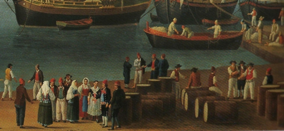 Jacob Philipp Hackert. Baja e Porto di Brindisi. 1789. Particolare dei portuali, marinai e gente comune nei costumi dell’epoca mentre lavorano, discutono o si riposano