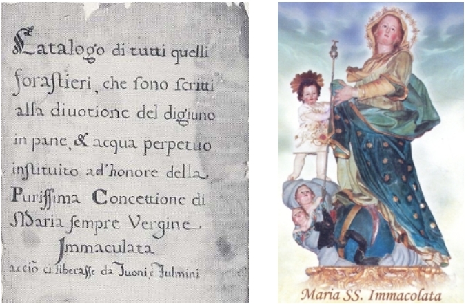 a sx frontespizio del Libro Magno del digiuno dei forestieri, a dx Statua dell'Immacolata a Manduria
