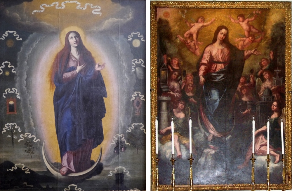 Due tele raffiguranti l'Immacolata: a sx quella conservata nell'Episcopio a dx il dipinto nella chiesa di S. Maria degli Angeli