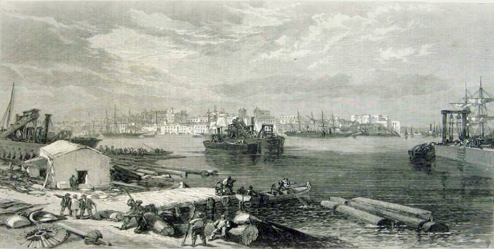 Incisione dei lavori al porto nel 1869