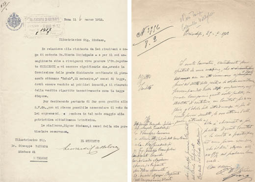 (Sx): Roma 6 marzo 1912. Il Ministro della Marina Pasquale Leonardi Cattolica ringrazia il sindaco di Brindisi Giuseppe Barnaba per l'accoglienza riservata agli italiani profughi di Smirne e, tramite la Commissione delle prede, dichiara confiscato il piroscafo ottomano "Sabak" catturato dalle torpediniere di stazione nel porto. (Dx): Brindisi, 29 settembre 1912. Invito del sindaco di Brindisi Giuseppe Barnaba ad alcuni esponenti degli enti di assistenza a partecipare alla costituzione del Comitato per la raccolta fondi in favore dei profughi da Smirne. ASBR, Archivio Storico del Comune di Brindisi