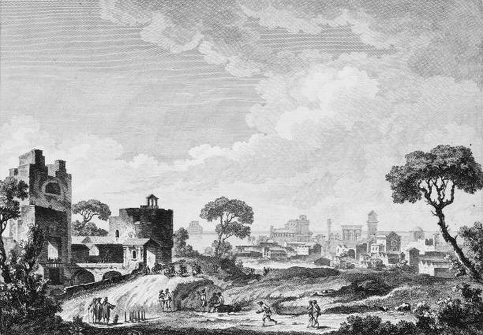 Litografia: Veduta di Brindisi del 1781 - Richard de SAINT NON (vue de la Ville de Brindes ou Brendisi ….. Brundusium…/Vue du Chateau de Brindes et d'une partie de son Porz)