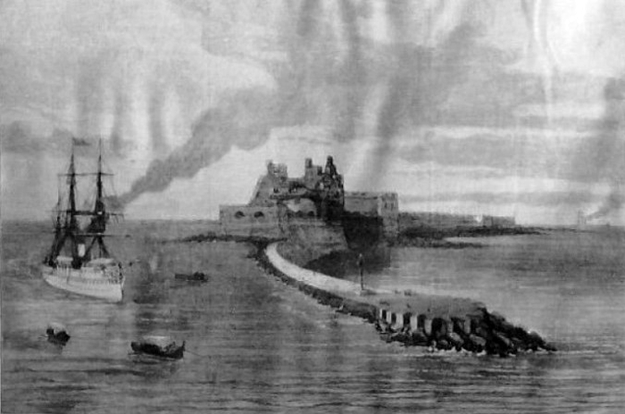 Litografia del Castello Alfonsino visto dalla secca del fico