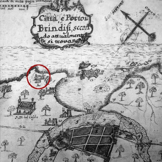 Mappa di Brindisi del 1674 con la chiesa di Materdomini indicata nel cerchietto rosso