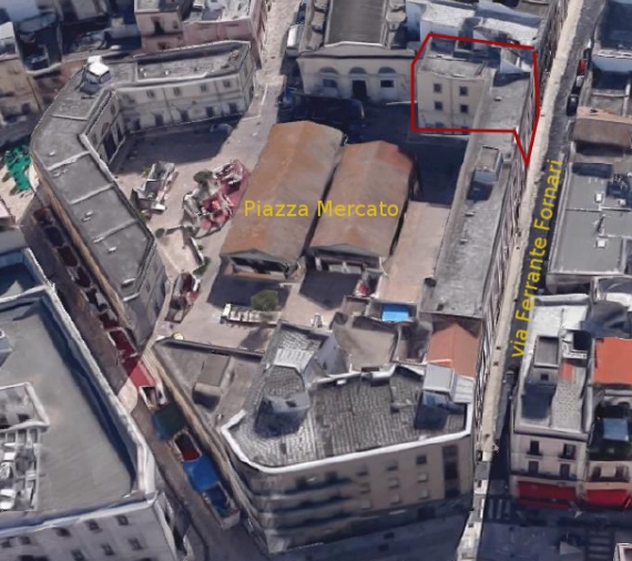 Brindisi. L'attuale piazza Mercato (in rosso la posizione approssimativa del Teatro Pacuvio)