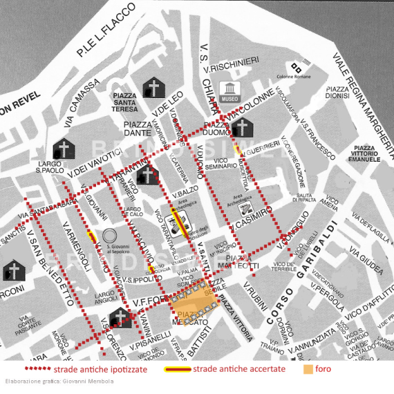 Ricostruzione grafica del tragitto ipotizzato delle strade romane (cardini e decumani) nella città di Brindisi (G. Membola)